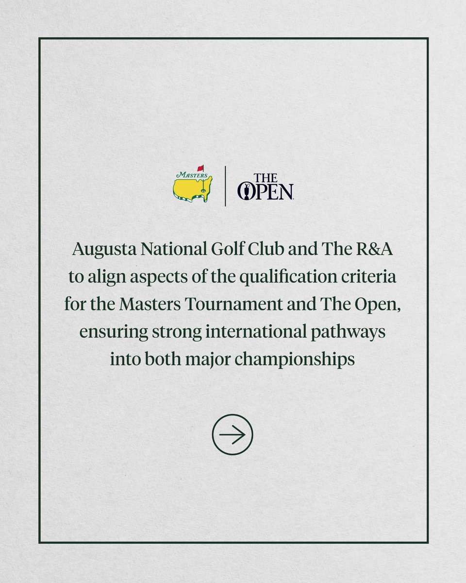 Augusta National Golf Club and <a href="/RandA/">The R&A</a> have jointly announced plans to align aspects of the qualification criteria for the Masters Tournament and The Open, ensuring strong international pathways into both major championships.

More here: go.theopen.com/JointAnnouncem…