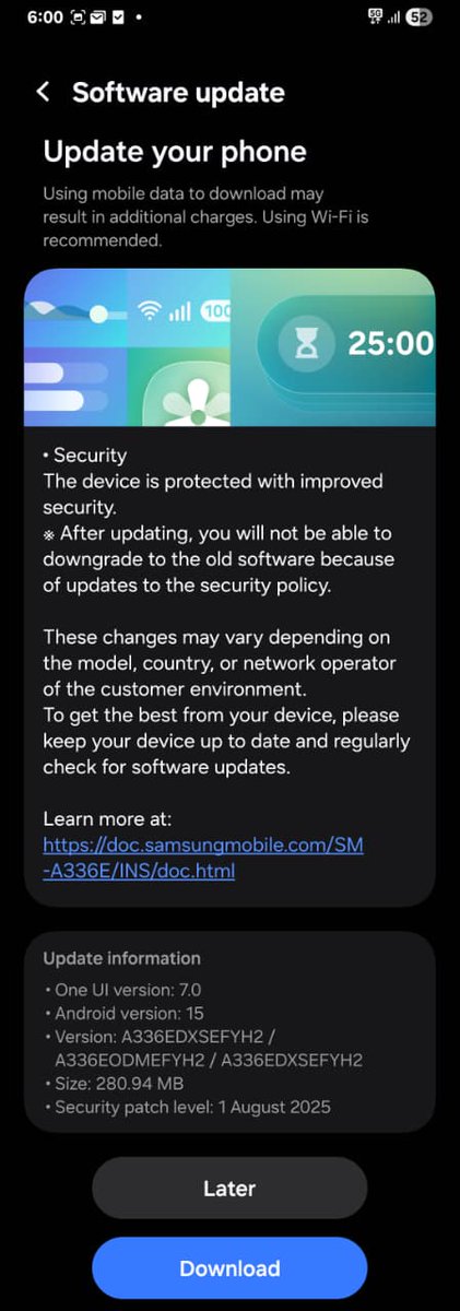 Koram_Akhilesh's tweet image. Attention Galaxy A33 users ❗
OneUI7 August security patch update for Galaxy A33 live in India 🇮🇳

Build info:
A336EDXSEFYH2/A336EODMEFYH2/A336EDXSEFYH2
#OneUI7Update #GalaxyA33 #Samsung