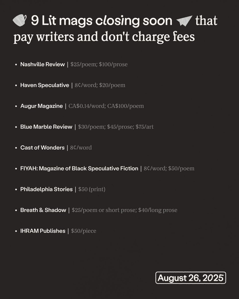 Chill Subs (@chillsubs) on Twitter photo Because sometimes you just need a deadline to get your brain to do things 🥲📝
Submit here: chillsubs.com/lists/closings…
#writingcommunity
Featured in this list:
<a href="/nashvillereview/">nashville review</a>
<a href="/HavenSpec/">Haven Spec Magazine</a>
@augurmag
<a href="/bluemarbleREV/">BlueMarbleReview</a>
<a href="/CastOfWonders/">Cast of Wonders</a>
<a href="/fiyahlitmag/">FIYAH Literary Magazine</a>
<a href="/philastories/">Philadelphia Stories</a> Because sometimes you just need a deadline to get your brain to do things 🥲📝
Submit here: chillsubs.com/lists/closings…
#writingcommunity
Featured in this list:
<a href="/nashvillereview/">nashville review</a>
<a href="/HavenSpec/">Haven Spec Magazine</a>
@augurmag
<a href="/bluemarbleREV/">BlueMarbleReview</a>
<a href="/CastOfWonders/">Cast of Wonders</a>
<a href="/fiyahlitmag/">FIYAH Literary Magazine</a>
<a href="/philastories/">Philadelphia Stories</a>