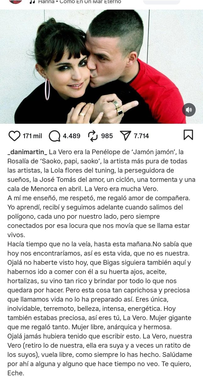De todas las publicaciones (que han habido muchísimas, y todas esas despedidas dicen mucho de lo qué era y lo qué transmitía Verónica Echegui), esta me arrugó especialmente el corazón💔