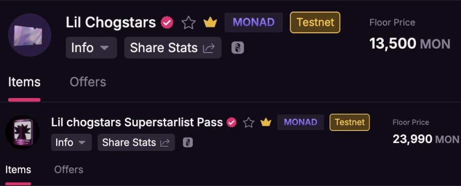 Ihor Porsh (@cryptoporsh) on Twitter photo Did you know that with Lil Chogstars and Lil chogstars Superstarlist Pass, you get a guaranteed mint on mainnet on <a href="/chogstarrr/">lil chogstars ⨀</a> NFT?
Admit, who has this NFT on monad testnet? Did you know that with Lil Chogstars and Lil chogstars Superstarlist Pass, you get a guaranteed mint on mainnet on <a href="/chogstarrr/">lil chogstars ⨀</a> NFT?
Admit, who has this NFT on monad testnet?