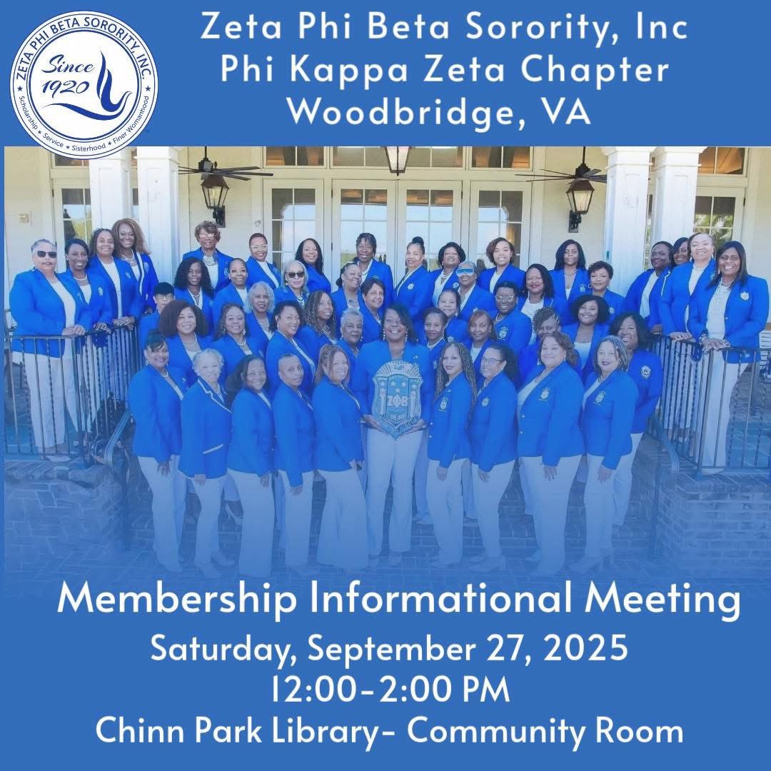 zphibpkz's tweet image. 💙✨ Are you ready to learn more about the Finer Women of Zeta Phi Beta Sorority, Incorporated? ✨💙

The Phi Kappa Zeta Chapter of Woodbridge, VA invites all interested ladies to join us for our Membership Informational Meeting:

📅 Saturday, September 27, 2025
⏰ 12:00