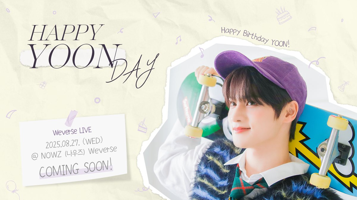 CUBE_NOWZ's tweet photo. [📢] HAPPY #YOON DAY Weverse LIVE 📺

2025.08.27. (WED) 
@ NOWZ (나우즈) Weverse

Coming Soon!

#NOWZ #나우즈
#윤 https://t.co/jD0vg8FVKr