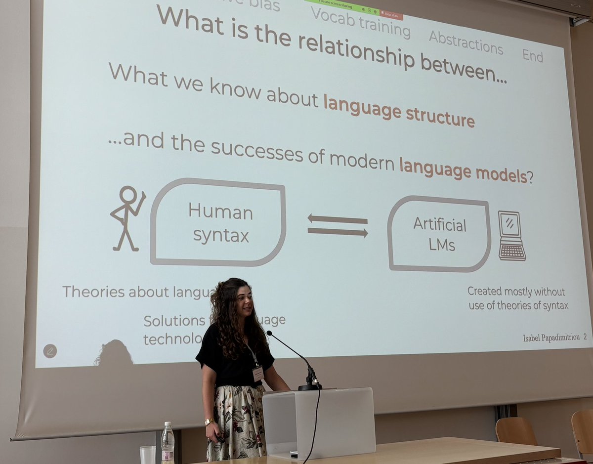 syntaxfest2025's tweet image. Listening to the keynote speech by Dr. Isabel Papadimitriou (@isabelpapad) entitled What can we learn from language models?

LLMs help us to do two things:
✔️ To intervene in the language learning process. 
✔️ To fully investigate the linguistic system.