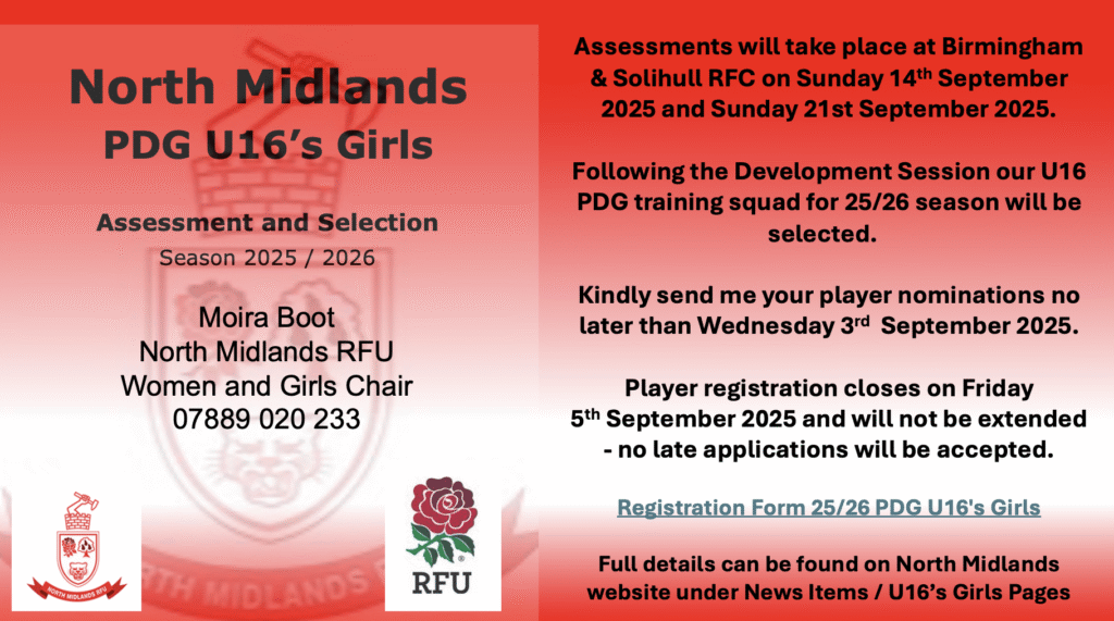 U16's Girls PDG Assessment and programme details are out - full information on NMRFU website - northmidsrfu.co.uk/nmrfu-girls-u1…

 📆 Player registration closes on Friday 5th September 2025.