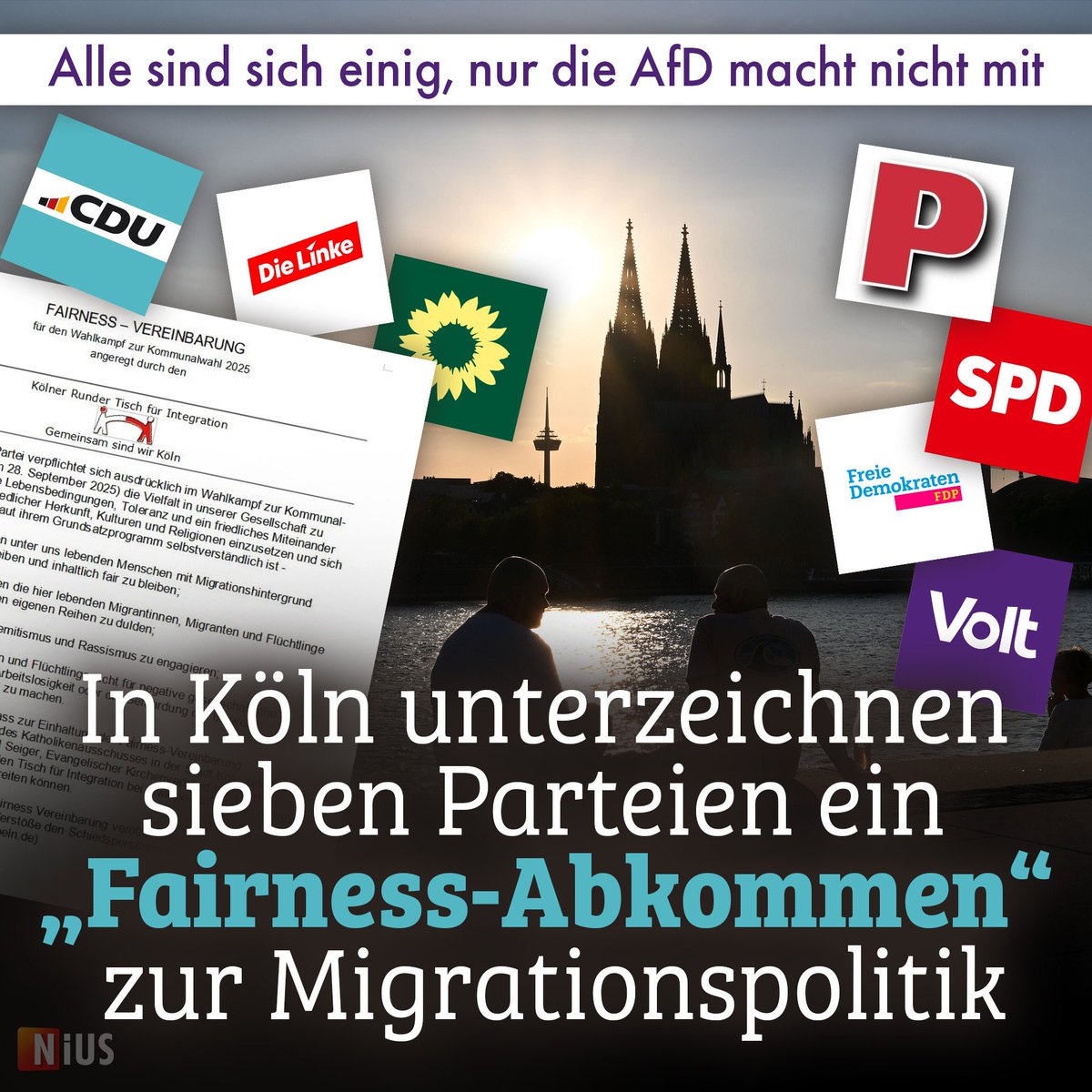 Zusammenschluss in Köln: Sieben Parteien (CDU, SPD, Grüne, FDP, Die Linke, Volt und Die Partei) haben eine „Fairness-Vereinbarung“ unterzeichnet, damit das Thema Migration im Wahlkampf zur Kommunalwahl nicht „instrumentalisiert“ werden soll. nius.de/politik/news/k…