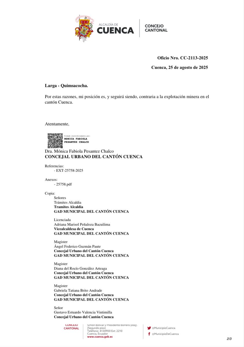 <a href="/czamoramatute/">Cristian Zamora M</a> Hoy ratifico mi compromiso con la defensa del agua y la vida:
Cuenca le dice NO a la minería en Loma Larga.
El 7F de 2021, el 80,54% de cuencanos dijimos:
SÍ al agua, NO a la minería.
Nuestra voz es firme y clara:
Ni en Loma Larga ni en ninguna parte.
Cuenca ya decidió, y decidió
