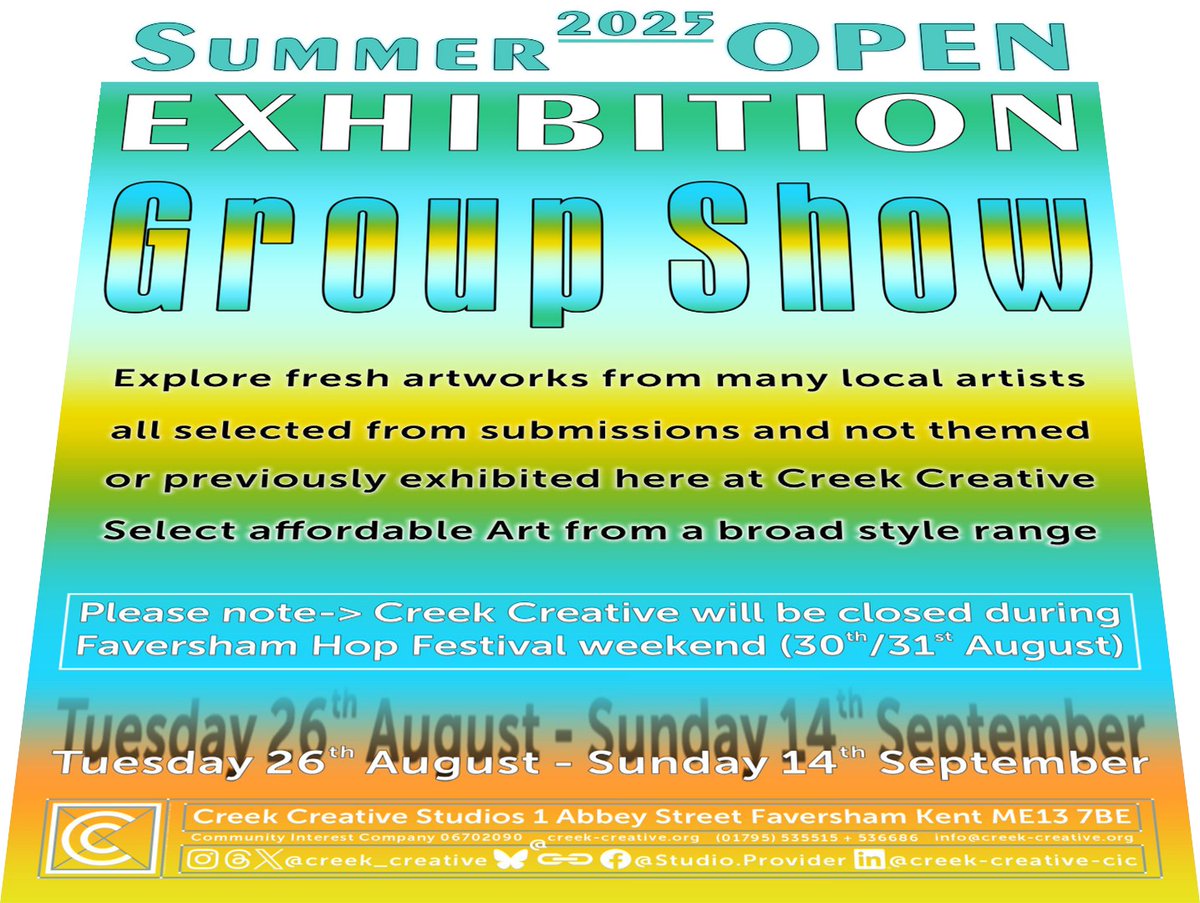 creek_creative's tweet image. Visit our latest ‘Summer2025-OPEN’ #GroupExhibition (opens Tue 26/08/25 - Sun 14/09/25) featuring an intriguing range of local Artists and Makers #FreshWork #Faversham #SupportLocalArtists #OpenExhibition #CallOutShow #GroupShow #GrassRootsArt #UndiscoveredTalent #EmergingArtists