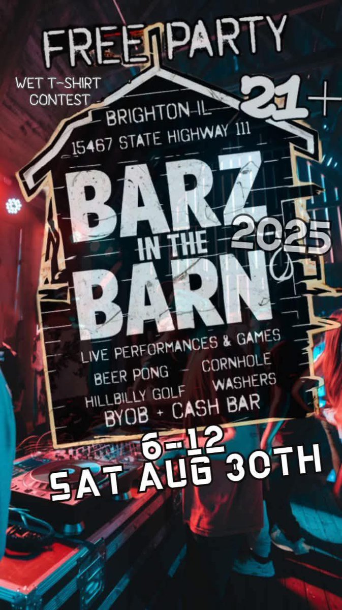 🧟‍♂️Coming up this weekend catch the DeadSide crew Krénshaw and Morgue Mob  along with the areas finest artists and talent at......
BARZ IN THE BARN!!!

🥳Come on out and kick it like a donkey at this years BARZ IN THE BARN in lil ol BRIGHTON Illinois!!!  
 
🤩 Games,
