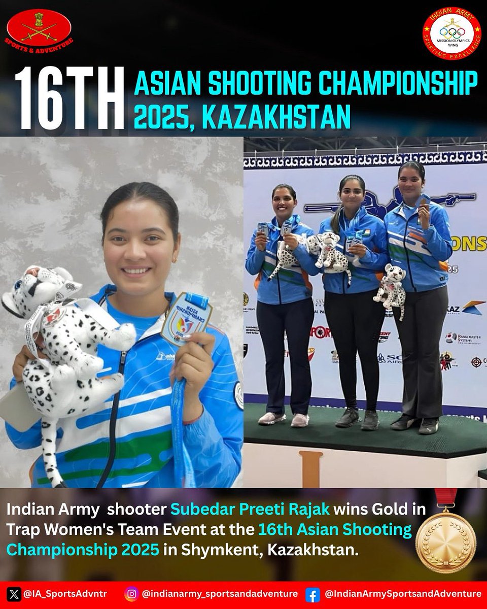 IA_SportsAdvntr's tweet image. Sporting Excellence!
Indian Army shooter Subedar Preeti Rajak wins Gold in Trap Women's Team Event at the 16th Asian Shooting Championship 2025 in Shymkent, Kazakhstan.

@adgpi
@Media_SAI
@IndiaSports
#AsianShootingChampionship2025
#ShootingSport
#TrapShooting
#IndianArmy