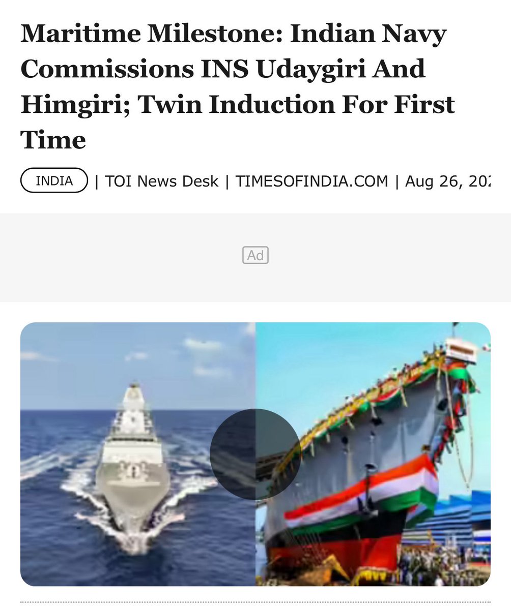 Aatmanirbharta in defence is becoming reality.

INS Udaygiri &amp; INS Himgiri, 2 next-gen stealth frigates of Project 17A, commissioned into the Navy in Vizag.

- 75%+ indigenous content.
- Built by MDL &amp; GRSE.
- Enhances India’s role as First Responder in IOR.

After the success of