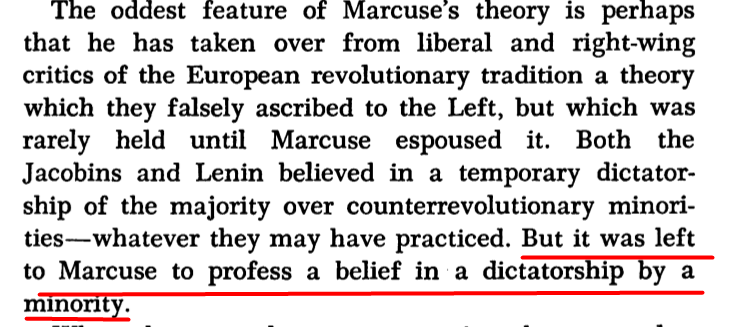 Marcuse foresaw an outsider revolution that would bring about a revolutionary minority dictatorship (college-educated whites allied with blacks and third world movements) in the name of Marcuse's non-empirical conception truth.