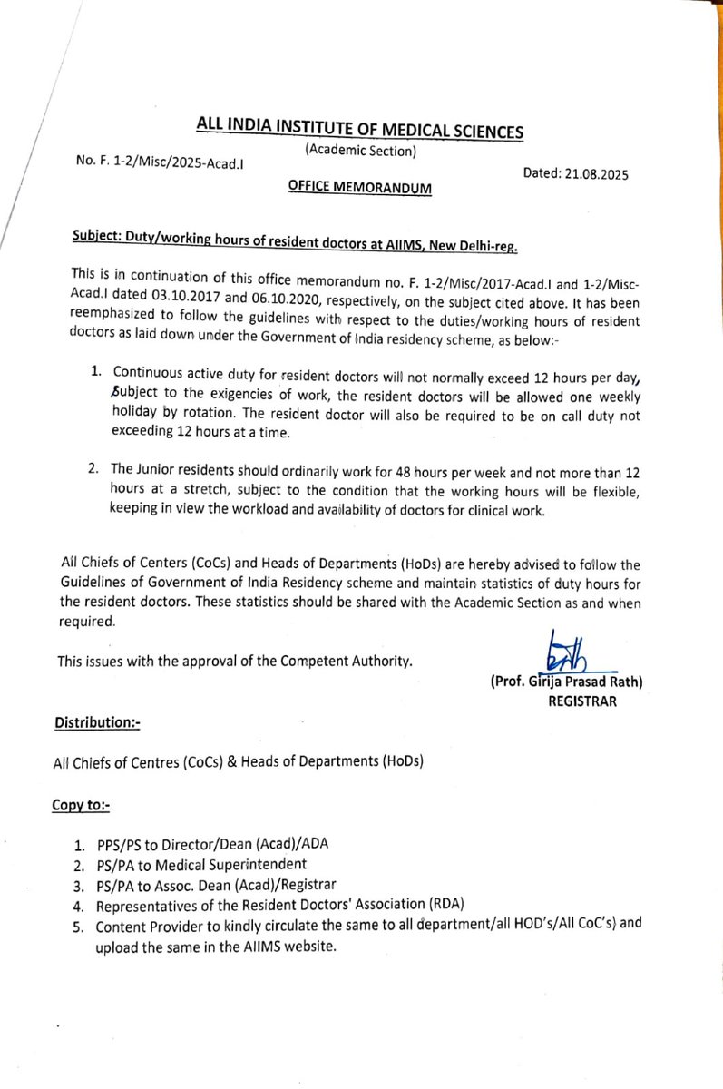 Indian__doctor's tweet image. 🚨 Big Move at #AIIMS 🚨
New office memorandum (21.08.2025) caps resident doctors’ duty hours:
✅ Max 12 hrs per day
✅ Weekly off by rotation
✅ 48 hrs/week for JRs (flexible, based on workload)

Finally, steps towards humane working conditions for young doctors!
#MedTwitter