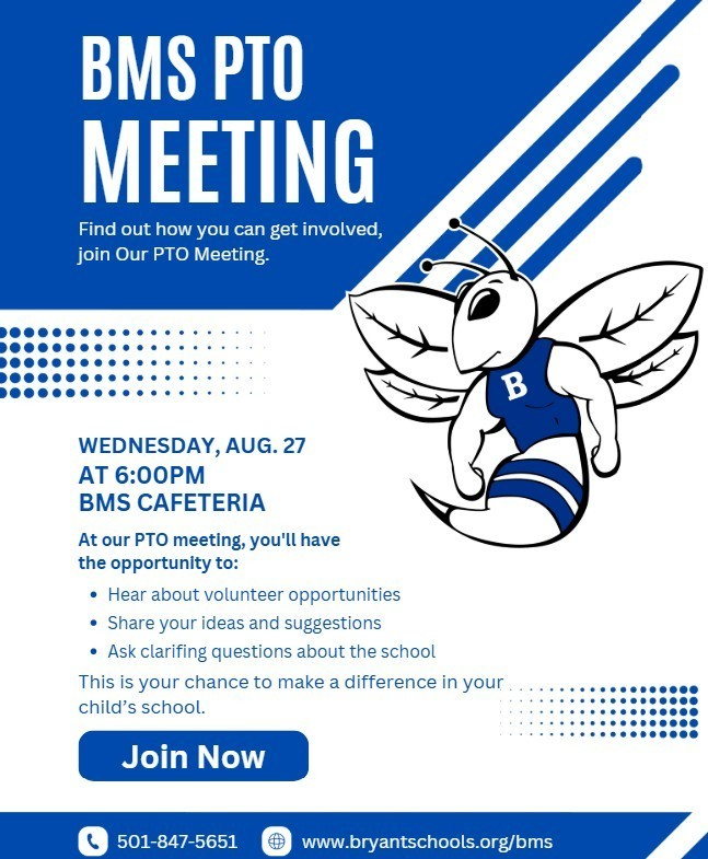 Join the BMS PTO!
Informational meeting TOMORROW 6pm in the BMS Cafeteria. 
This is your chance to make a difference in your child's school!