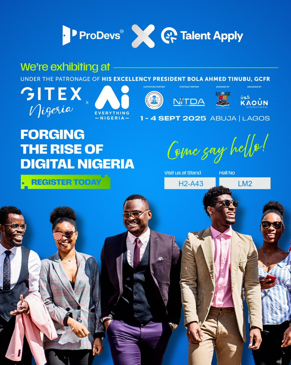 Prodevs_io's tweet image. We’re Exhibiting at GITEX NIGERIA - The Largest Tech &amp;amp; Startup Event in West Africa 2025!

From September 1st – 4th, 2025, the spotlight is on Lagos &amp;amp; Abuja as Africa’s biggest tech and innovation event comes to Nigeria, and ProDevs will be right at the heart of it! 

This year’s…