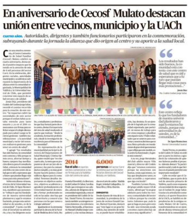 Compartimos publicación de Diario Austral de Los Ríos de la celebración de los 4 años del CECOSF Mulato. Que resalta el aporte que ha significado este centro de salud para la población y como espacio formador para la práctica clínica de las y los estudiantes de las carreras del