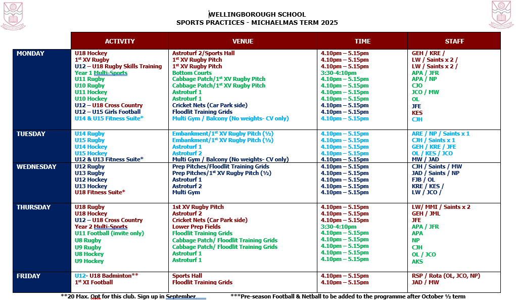 🏉 1st team Rugby pre-season training takes place Wednesday to Friday this week. 
From Monday 8th September, students can enjoy a full programme of Sports Practices. 
Plenty of opportunities to get active and involved! 💪