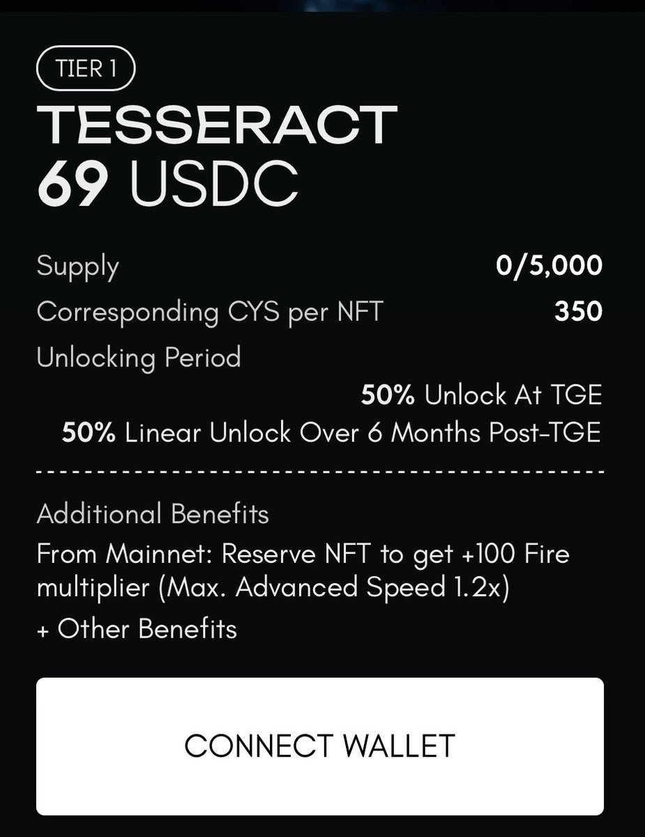 Tier 1 mint starts in  2 hours! 

supply: 5000
$CYS per nft: 350
vesting: 50% unlocks at TGE (rest unlocks linearly over 6 months)

I got only tier 2 and below, so waiting for my turn to mint. 

Fade at your own risk anon

Good luck cysors!

Gmsor 💠 <a href="/cysic_xyz/">Cysic</a>