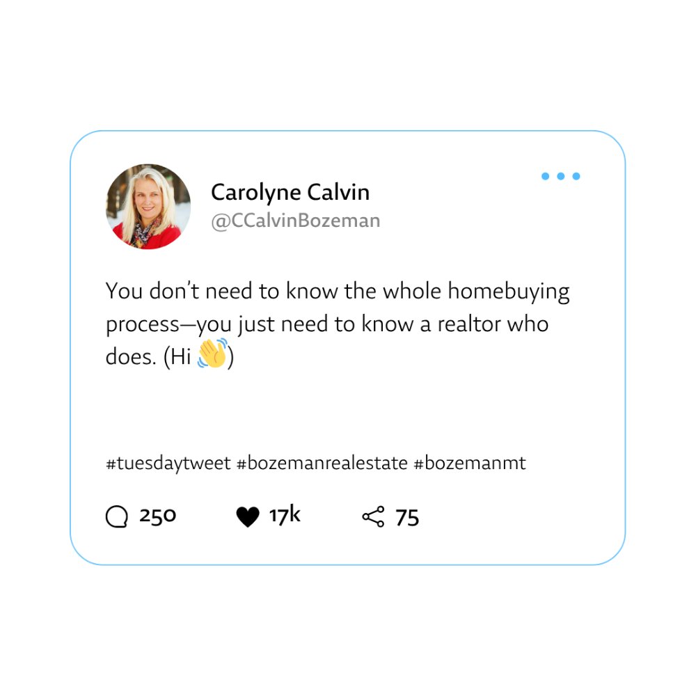 CCalvinBozeman's tweet image. Skip the stress. Let me guide you step-by-step to your Montana dream home.

#TuesdayTweet #RealtorTips #HomeBuyingHelp #MontanaLiving #MontanaListingAgent #MontanaRealtors #CarolyneCalvin #KellerWilliamsMontanaRealty