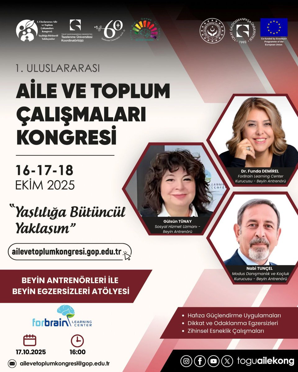 📢 1. Uluslararası Aile ve Toplum Çalışmaları Kongresine Davetlisiniz! 

📅 16-17-18 Ekim 2025
📍 Tokat Gaziosmanpaşa Üniversitesi
📌 Tema: “Yaşlılığa Bütüncül Yaklaşım”

➡️ Yana kaydırarak kongre içeriğine ulaşabilirsiniz. 

👉 Detaylar için: ailevetoplumkongresi.gop.edu.tr