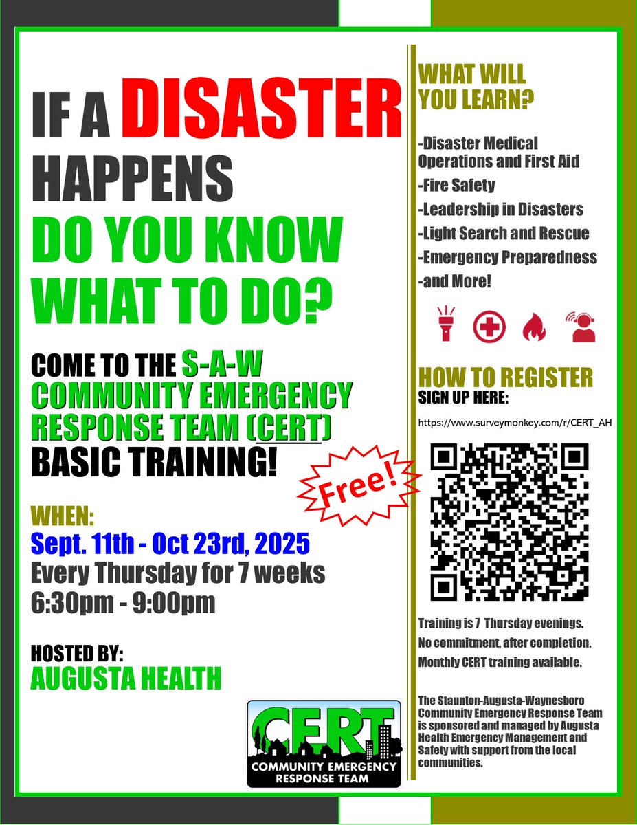 Free Community Emergency Response Team (CERT) training is invaluable for you and your family in the event of an emergency. This training will give the basics in disaster first aid, fire safety, emergency preparedness and more. There's no commitment afterwards. Join today!