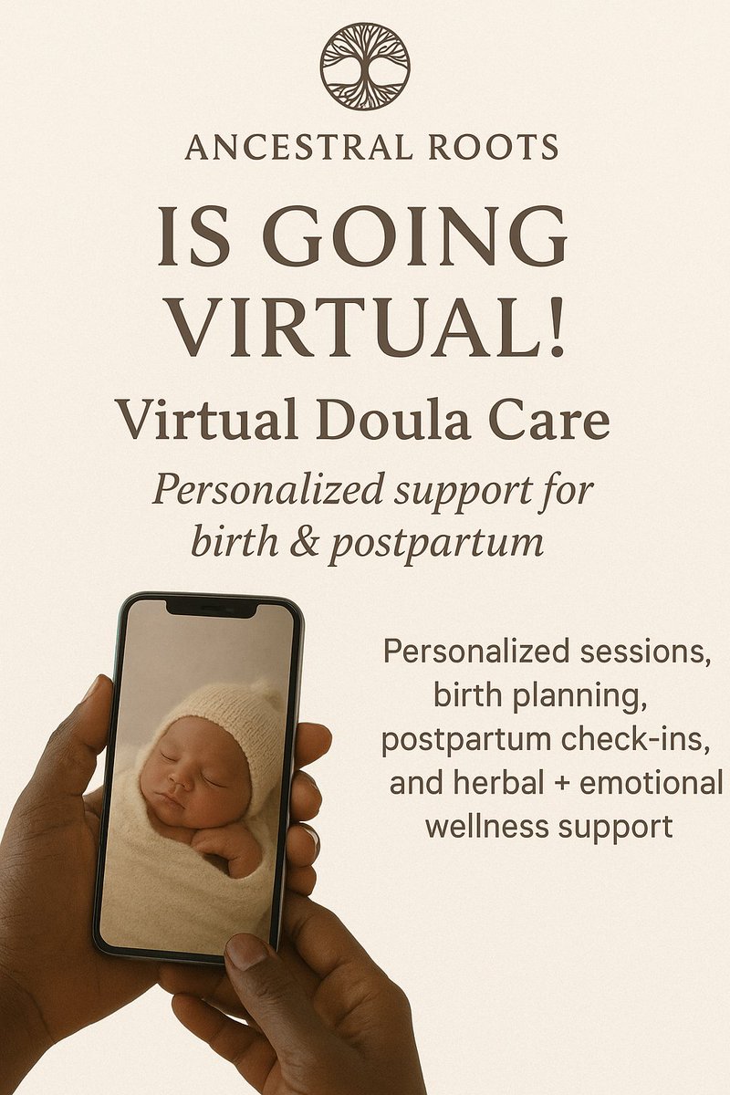 AncestralRoots0's tweet photo. Ancestral Roots is going virtual! ✨
Expecting or new parents, you deserve support wherever you are.

Now offering Virtual Doula Care—birth planning, postpartum check-ins, and holistic wellness guidance.
DM or visit the link in bio to learn more.
#VirtualDoula https://t.co/PJHHtwPUBo