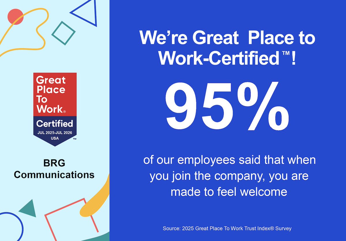 BRG Communications has been certified as a Great Place To Work for the fourth consecutive year! If you want to be challenged, work with great clients, and be welcomed with open arms, check out our open positions. brgcommunications.com/about-us/caree…
#BetterAtBRG