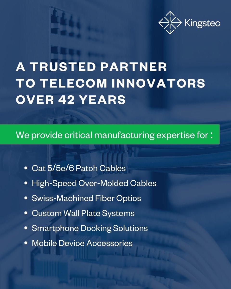 Kingstec_Tech's tweet image. Visit our website to learn how we can support your next telecommunications project: bit.ly/3QJhfp3 

#Kingstec #KingstecTechnologies #Telecommunications #CustomCables #ManufacturingSolutions