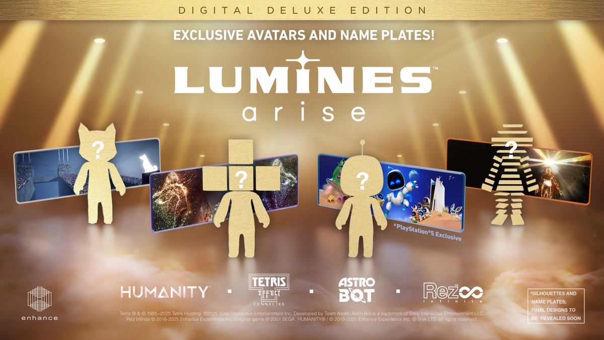 Lumines Arise is out November 11 on PS5 and Steam! Pre-orders start TODAY on PS5!

📦 Standard Edition
🎁 Digital Deluxe Edition w/4 exclusive Loomii in-game avatars - Tetris Effect: Connected, Rez Infinite, HUMANITY and ASTRO BOT

PS+ members get 10% off!