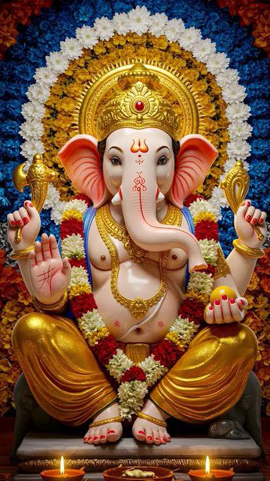 A statue of Lord Ganesha, depicted with an elephant head, adorned with a golden crown and jewelry. He has four arms, holding symbolic objects, and is seated on a throne. The statue is decorated with garlands of flowers and surrounded by a backdrop of blue and white floral arrangements, with lit oil lamps at the base.
