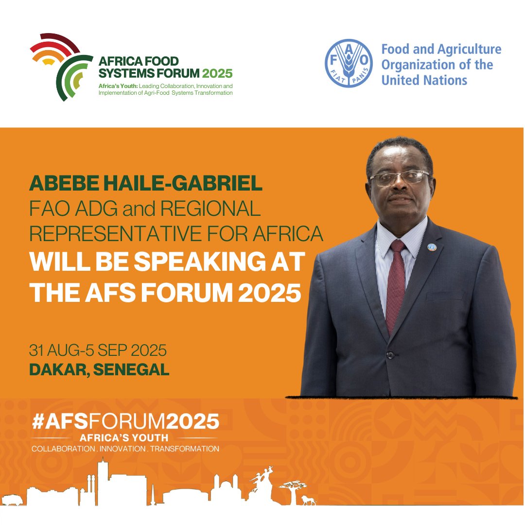 FAO in Africa (@faoafrica) on Twitter photo At the #AFSF2025 in Dakar next week, FAO's <a href="/AbebeHGabriel/">Abebe Haile-Gabriel</a> will be among the speakers at the continent's biggest event on Africa's agrifood systems.
FAO will be putting the spotlight on Africa's youth as key drivers of agrifood systems transformation.
Follow us for updates! At the #AFSF2025 in Dakar next week, FAO's <a href="/AbebeHGabriel/">Abebe Haile-Gabriel</a> will be among the speakers at the continent's biggest event on Africa's agrifood systems.
FAO will be putting the spotlight on Africa's youth as key drivers of agrifood systems transformation.
Follow us for updates!