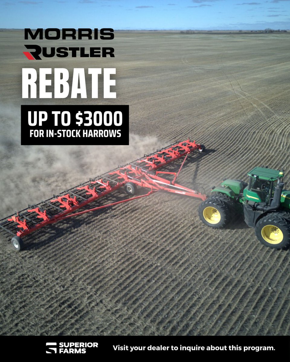 Save up to $3,000 on in-stock Morris Rustler harrows. This limited-time rebate is available through your local dealer. Visit today to learn more about the program and eligible models.

#MorrisEquipment #agriculture