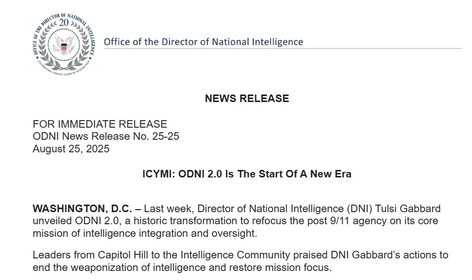 Olivia Coleman (@dnispox) on Twitter photo ICYMI: Last week, <a href="/DNIGabbard/">DNI Tulsi Gabbard</a> announced "ODNI 2.0" — a long-overdue transformation of the Office of the Director of National Intelligence, focused on eliminating bloat, implementing efficiencies, and restoring trust.
Read the highlights here👇
odni.gov/index.php/news… ICYMI: Last week, <a href="/DNIGabbard/">DNI Tulsi Gabbard</a> announced "ODNI 2.0" — a long-overdue transformation of the Office of the Director of National Intelligence, focused on eliminating bloat, implementing efficiencies, and restoring trust.
Read the highlights here👇
odni.gov/index.php/news…