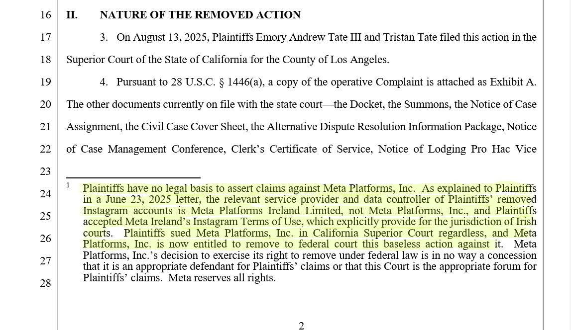 🚨🚨 Breaking: In their lawsuit against Meta, Andrew and Tristan Tate sued the WRONG Meta entity. 

The relevant entity whose TOS the Tates accepted and who removed their accounts was Meta Platforms Ireland Ltd. This was apparently explained to the Tates dream team of lawyers in