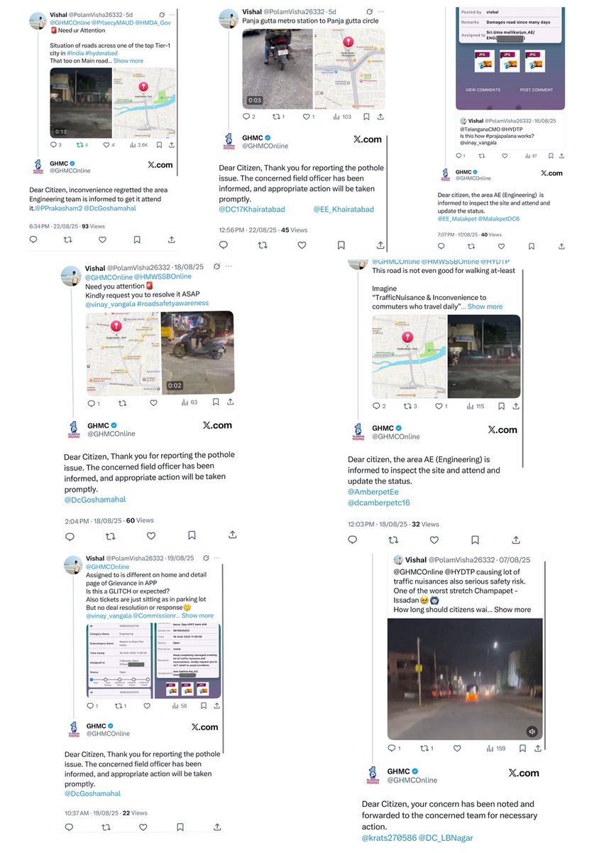 Vishal (@polamvisha26332) on Twitter photo <a href="/GHMCOnline/">GHMC</a> <a href="/CommissionrGHMC/">Commissioner GHMC</a>
<a href="/TelanganaCMO/">Telangana CMO</a> <a href="/KTRBRS/">KTR</a> <a href="/HYDTP/">Hyderabad Traffic Police</a> <a href="/CYBTRAFFIC/">Cyberabad Traffic Police</a> <a href="/RCKTRAFFIC/">Rachakonda Traffic Police</a>
Complaints raised on #MyGHMCApp too
But 0️⃣ RESOLUTIONS till date
Also no proper updates
Whom should i reach further?
Pls ACT for #PublicSafety
Shall i join #GHMC ?
<a href="/vinay_vangala/">Vinay Vangala</a> <a href="/swachhhyd/">Shaandaar Hyderabad</a> <a href="/GHMCOnline/">GHMC</a> <a href="/CommissionrGHMC/">Commissioner GHMC</a>
<a href="/TelanganaCMO/">Telangana CMO</a> <a href="/KTRBRS/">KTR</a> <a href="/HYDTP/">Hyderabad Traffic Police</a> <a href="/CYBTRAFFIC/">Cyberabad Traffic Police</a> <a href="/RCKTRAFFIC/">Rachakonda Traffic Police</a>
Complaints raised on #MyGHMCApp too
But 0️⃣ RESOLUTIONS till date
Also no proper updates
Whom should i reach further?
Pls ACT for #PublicSafety
Shall i join #GHMC ?
<a href="/vinay_vangala/">Vinay Vangala</a> <a href="/swachhhyd/">Shaandaar Hyderabad</a>