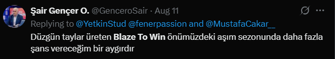 Şair Gençer O. (@gencerosair) on Twitter photo Blaze To Win ile ilgili gelişimi yakından takip ediyorum. Pastitsio isimli tayının ikinci kum yarışını da kazanması beklediğim iyi bir haberdi. Bu tayın 1200'de 1.14.20 yapması dikkate değer. Blaze To Win harada olacak mı kendi yerinde ki çekecek detayları alınca yazarım.. Blaze To Win ile ilgili gelişimi yakından takip ediyorum. Pastitsio isimli tayının ikinci kum yarışını da kazanması beklediğim iyi bir haberdi. Bu tayın 1200'de 1.14.20 yapması dikkate değer. Blaze To Win harada olacak mı kendi yerinde ki çekecek detayları alınca yazarım..