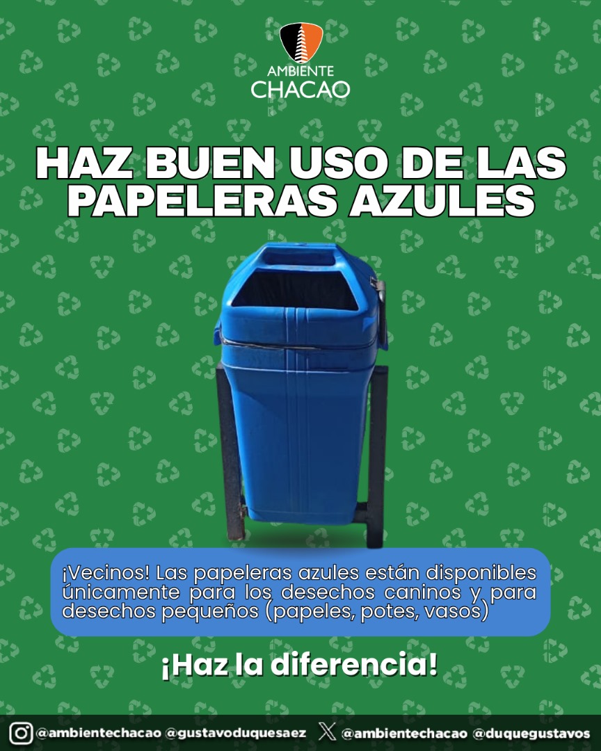 Instituto Municipal de Ambiente Chacao (@ambientechacao) on Twitter photo #26ago Vecino💙 Hagamos la diferencia en #Chacao, usa correctamente las papeleras azules. Recuerda que son exclusivamente para los desechos de tu mascota y elementos pequeños como: papeles, botellas y vasos por un #chacaosustentable
Colabora con el #ordenylimpieza
<a href="/duquegustavoS/">Gustavo Duque Sáez</a> #26ago Vecino💙 Hagamos la diferencia en #Chacao, usa correctamente las papeleras azules. Recuerda que son exclusivamente para los desechos de tu mascota y elementos pequeños como: papeles, botellas y vasos por un #chacaosustentable
Colabora con el #ordenylimpieza
<a href="/duquegustavoS/">Gustavo Duque Sáez</a>
