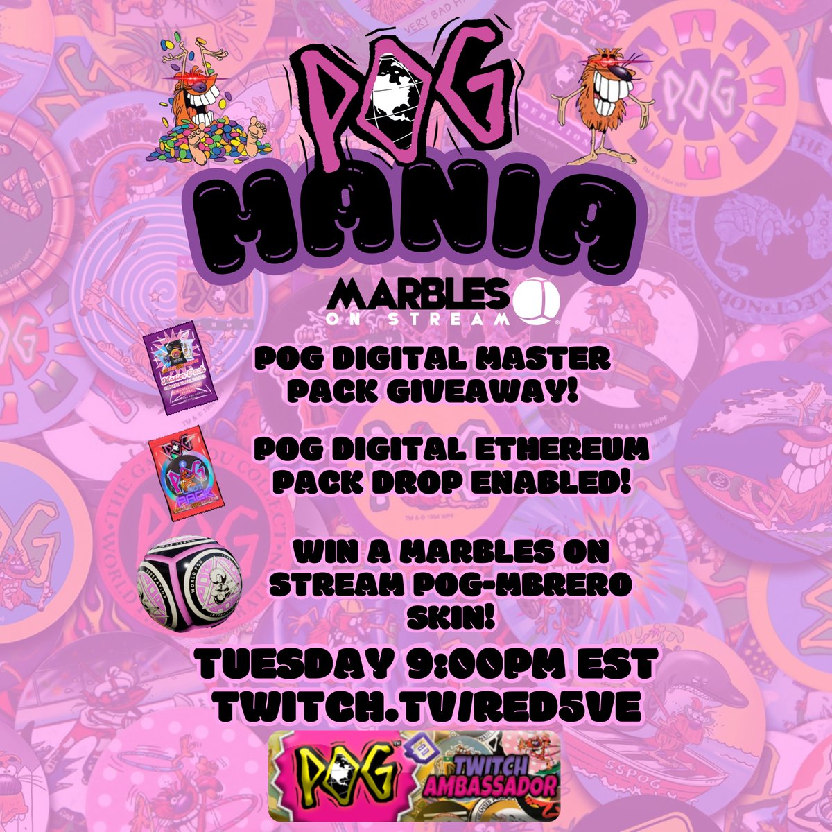POG-MANIA | 8/26 - 9:00pm EST | 90s Music | FUN!
✅POG Digital Master Pack Giveaway!
✅MOS Pack &amp; POG Skin Giveaway!
✅POG Ethereum Pack Drop - ENABLED!
If this post gets 20 likes &amp; 10 RT unlocks POG Pack Giveaway on Stream!
twitch.tv/red5ve <a href="/PogDigital/">POG ®</a> <a href="/MarblesOnStream/">Marbles on Stream</a>