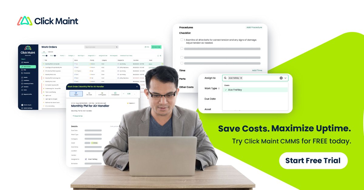 clickmaint's tweet image. Curious about what a CMMS can do for you? 🤔 Take it for a spin with our free trial! Experience streamlined work orders and smart scheduling. No credit card needed.

Start your free trial: hubs.ly/Q03Fqsyl0

#FreeTrial #CMMS #MaintenanceSoftware