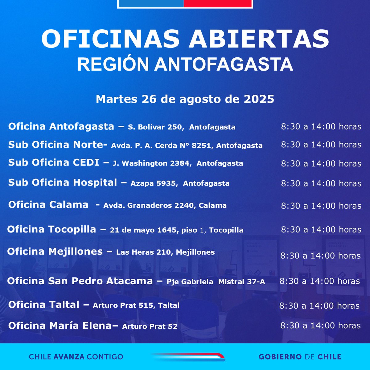 ☀️Buen martes 26

🔹Reg. Civil e Identificación informa de las comunas que atienden - horarios y direcciones-:
#Antofagasta #Calama #Mejillones #Taltal
#SanPedroAtacama  #Tocopilla #MaríaElena 

*Recuerda:
-Para Renovación -> 🖥️http://registrocivil
-Para Reimpresión-> 📱 CedulApp