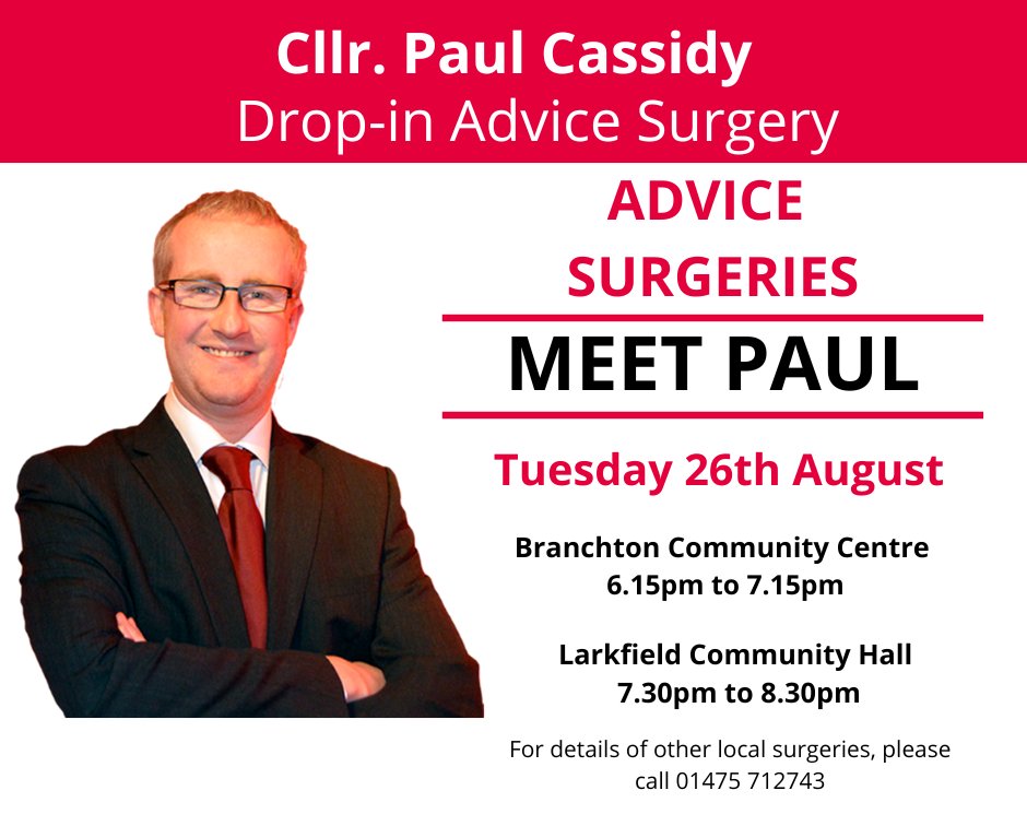 Cllr Paul Cassidy (@pcassidy29) on Twitter photo I'm holding my advice surgeries tonight in <a href="/BranchtonCentre/">Branchton_Community_Centre</a> & Larkfield Community Hall.
Come along if you have any issues you would like to raise. See below for full details 👇 I'm holding my advice surgeries tonight in <a href="/BranchtonCentre/">Branchton_Community_Centre</a> & Larkfield Community Hall.
Come along if you have any issues you would like to raise. See below for full details 👇