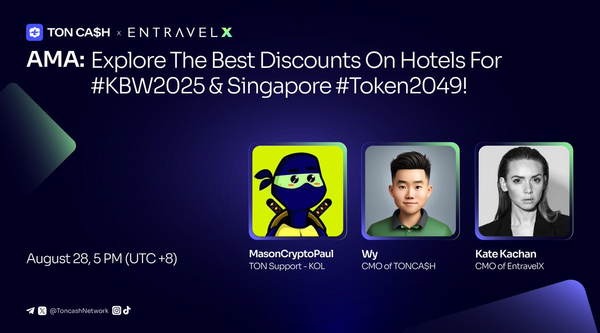 Join us to meet with @EntravelX and discover how to book hotels with the best discounts for #KBW2025 Korean Blockchain Week and #TOKEN2049 Singapore using crypto, while earning 6% cashback!

Set your reminders! 🔔x.com/i/spaces/1OwxW…

🎉 20 $TON will be rewarded to 10