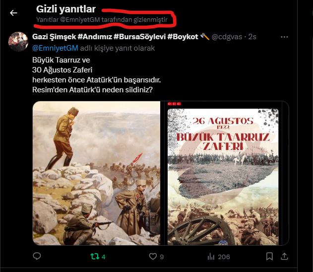 Bu durumu tespit eden vatandaşımız Gazi Şimşek, tepki gösteriyor ve soruyor, 'Atatürk'ü neden sildiniz?'
...
Ve ne oluyor biliyor musunuz?
Emniyet Genel Müdürlüğü bu paylaşımı gizliyor!
'Aman kimse görmesin' diye.

Şimdi beni de gizleyin Emniyet Genel Müdürlüğü.
Atatürk'ün