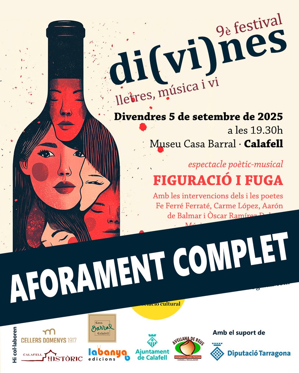 ⚠️AFORAMENT COMPLET ⚠️

Us informem que hem assolit el topall de places disponibles per a l'espectacle poètic-musical FIGURACIÓ I FUGA del proper 5 de setembre al jardí de la Casa Barral en el marc del festival di(vi)nes.

Moltes gràcies!