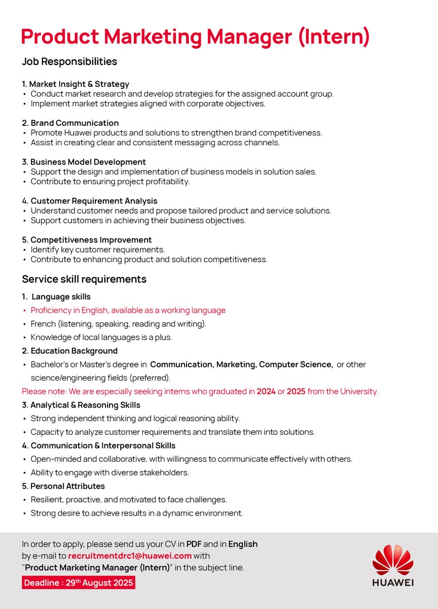 🔴 Huawei RDC recrute !
🎯 Poste : Product Marketing Manager (Intern)
📍 Kinshasa |⏳ 6 mois | 🗓️ Deadline : 29 août 2025

🚀 Rejoins-nous et démarre ta carrière maintenant !
#HuaweiRDC #Recrutement #Internship