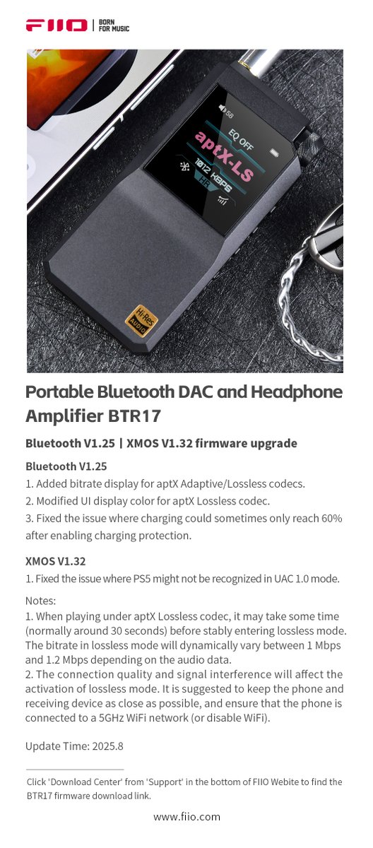 FIIO_official's tweet photo. The new Bluetooth V1.25 and XMOS V1.32 firmware for BTR17 are now available!

BTR17 firmware download link and update instruction: 
https://t.co/LPQBjCdXNm
#fiio #BTR17 https://t.co/OeXFbBnqmD
