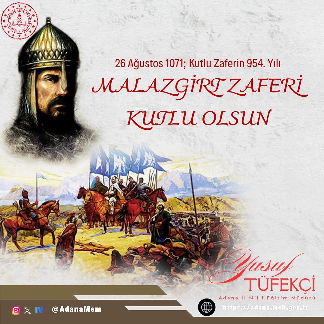 1071 Malazgirt Zaferi, yalnızca bir askerî kazanım değil; aynı zamanda Türk milletinin istiklal ve iradesini ortaya koyan tarihî bir dönüm noktasıdır. Anadolu’nun ebedî yurt olmasının temeli bu zaferle atılmıştır. <a href="/tcmeb/">Millî Eğitim Bakanlığı</a> <a href="/Yusuf__Tekin/">Yusuf Tekin</a> <a href="/tufekciyusuf/">Yusuf TÜFEKÇİ</a>