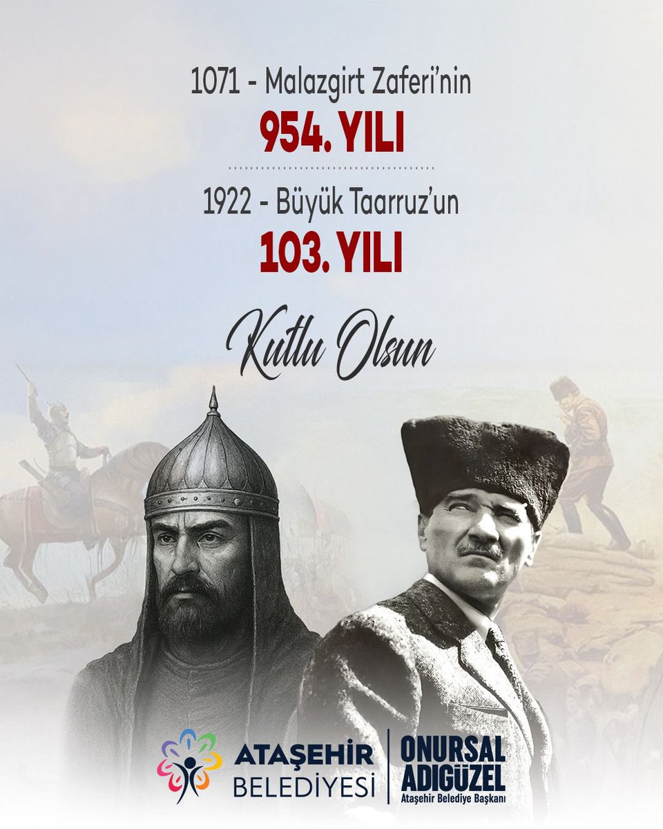 Malazgirt Zaferi'nin 954’üncü yılı, Büyük Taarruz'un 103’üncü yılı kutlu olsun. 

Anadolu'nun kapılarını cesaretle açan büyük komutan Sultan Alparslan'ı, Anadolu’yu canı pahasına savunan Başkomutan Gazi Mustafa Kemal Atatürk’ü ve tüm milli mücadele kahramanlarımızı saygı ve