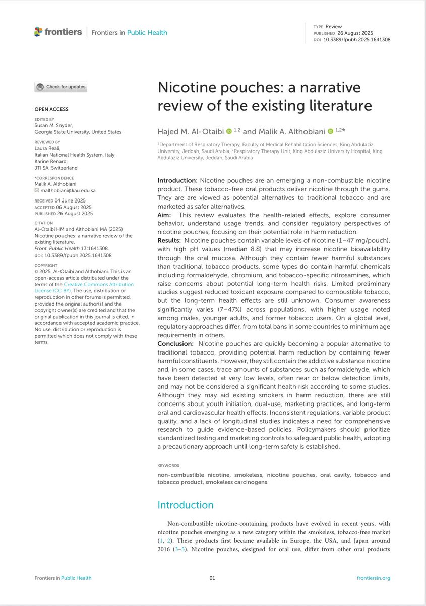 قمنا مؤخرًا بإعداد مراجعة سردية حول ما هو متوفر من معلومات علمية بشأن أظرف (أكياس) النيكوتين والأضرار الصحية المحتملة المصاحبة لاستخدامها، وذلك بالشراكة مع المبدع د. مالك الذبياني <a href="/DrMal1k/">Malik Althobiani | مالك</a> 

links.email.frontiersin.org/ls/click?upn=u…