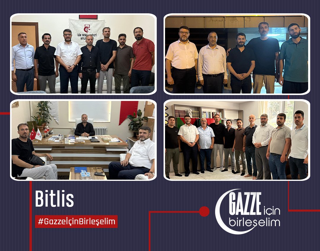 Gazze İçin Birleşelim kapsamında Bitliste: ▪︎ AGD Başkanı Rıdvan Dalga,
▪︎ İlim Yayma Cemiyeti başkanı Hasan Fehmi Kara,
▪︎ Tatvan İHH Başkanı Muzaffer Taşcan, ile Gazze'yi görüştük.

Gazze için daha güçlü ne yapabiliriz bağlamında istişareler yaptık.

#GazzeİçinBirleşelim